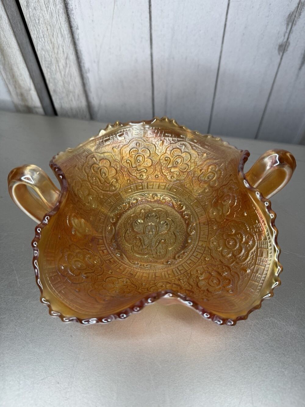 Antique FENTON Carnival Glass PERSIAN MEDALLION Bowl Marigold Orange VTG